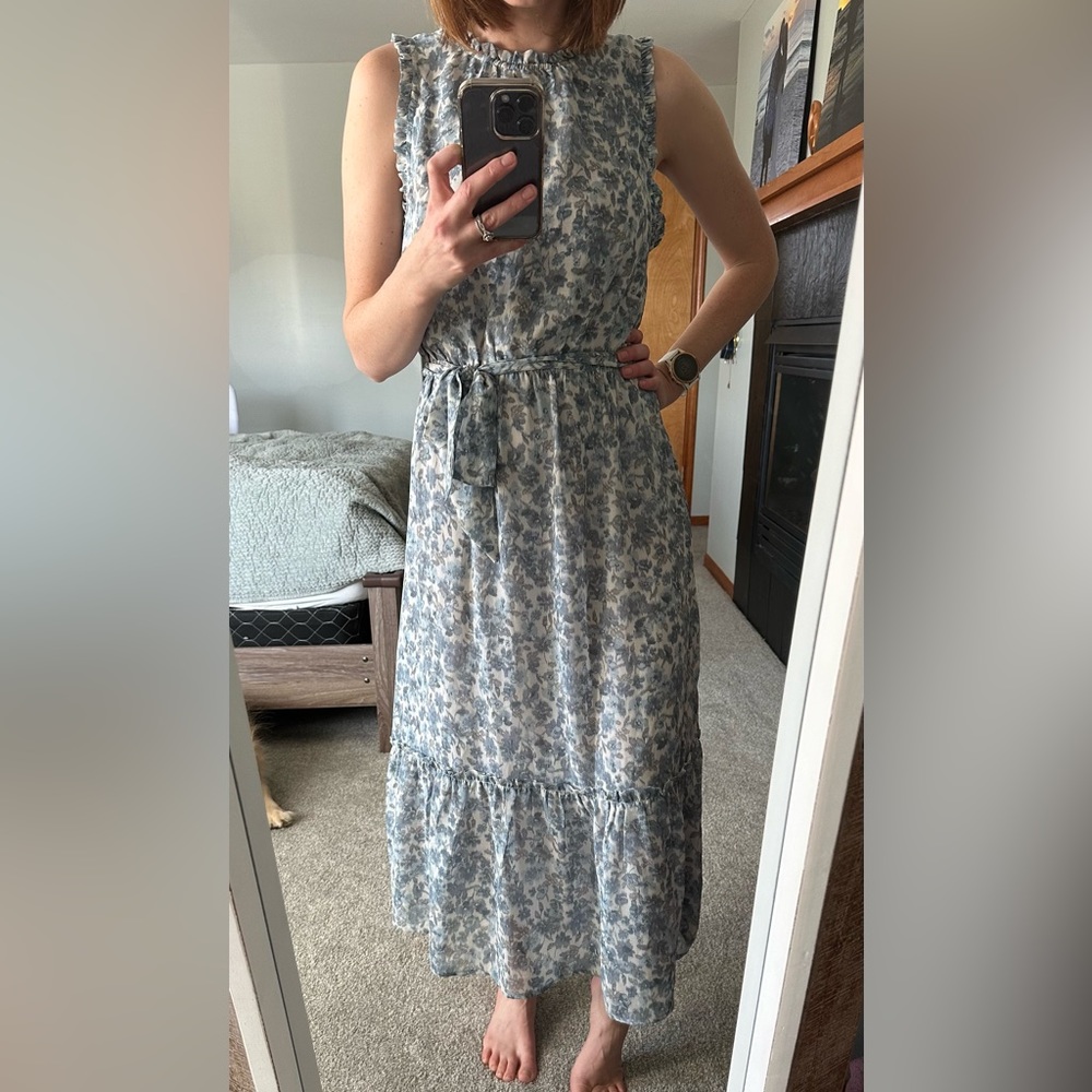 Sleeveless Blue Floral Midi Dress | Boho Cottagecore Tiered Ruffle Skirt | M